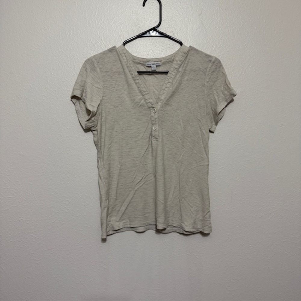 James Perse Standard Beige Jersey Henley Short Sleeve Top Size Large